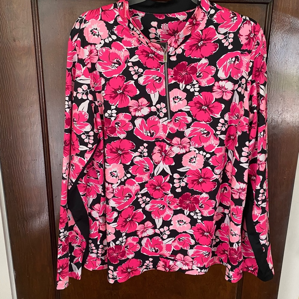 Vibrant pink poppy print activewear 1/4 zip. XL